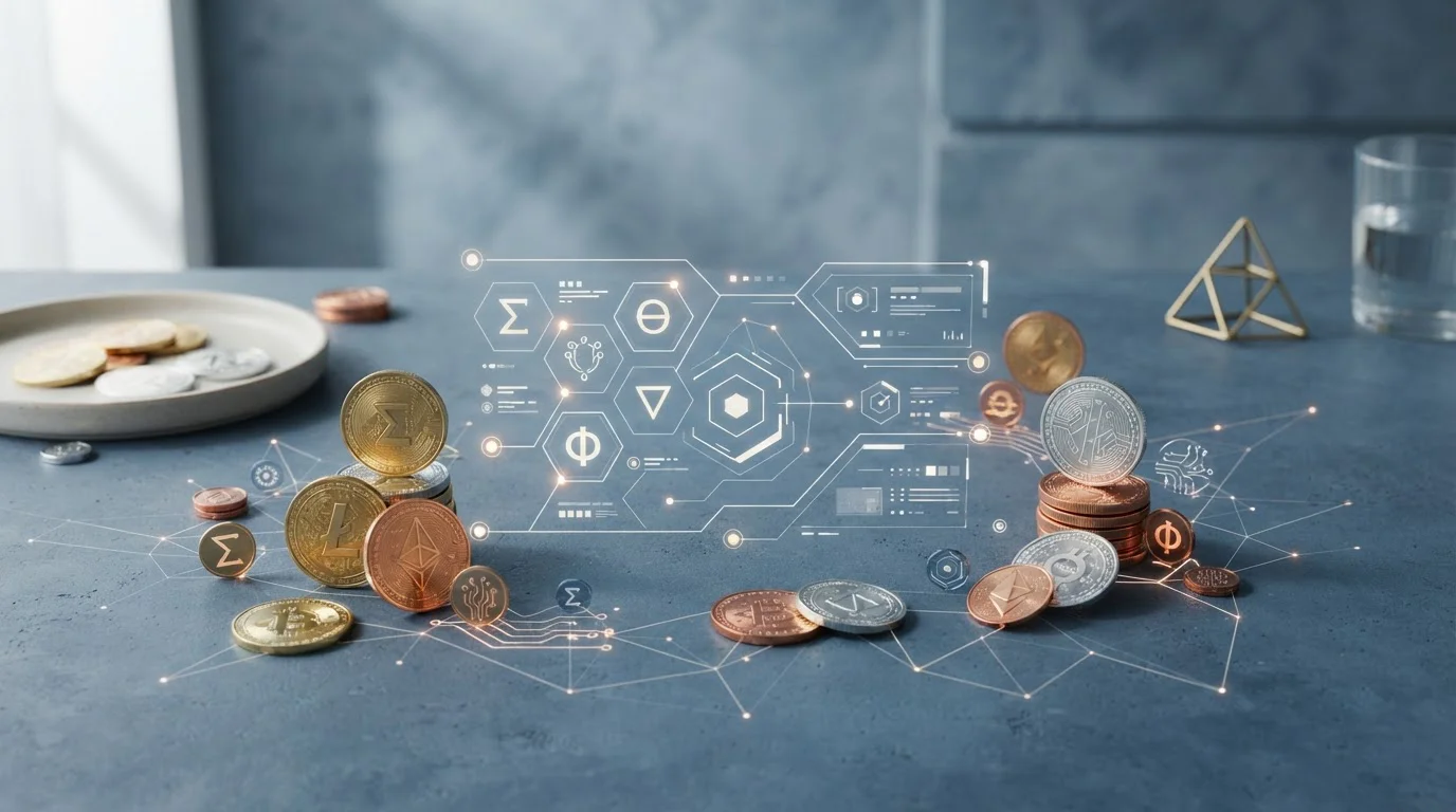 Cryptocurrency coins and blockchain paths beside an abstract gaming interface