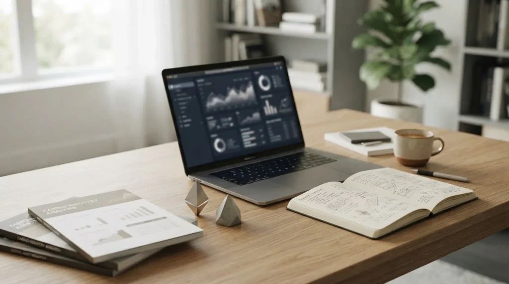 Desk with crypto payment notes, casino game cards and a laptop