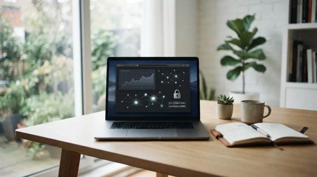 Browser interface showing local privacy controls beside crypto research notes