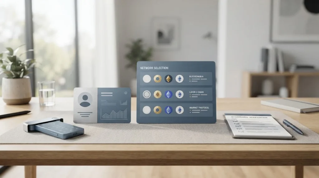 Crypto wallet, account card and network selection interface on a clean desk