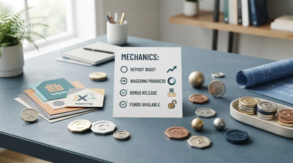 Crypto tokens beside a checklist and wagering symbols on a clean clean desk