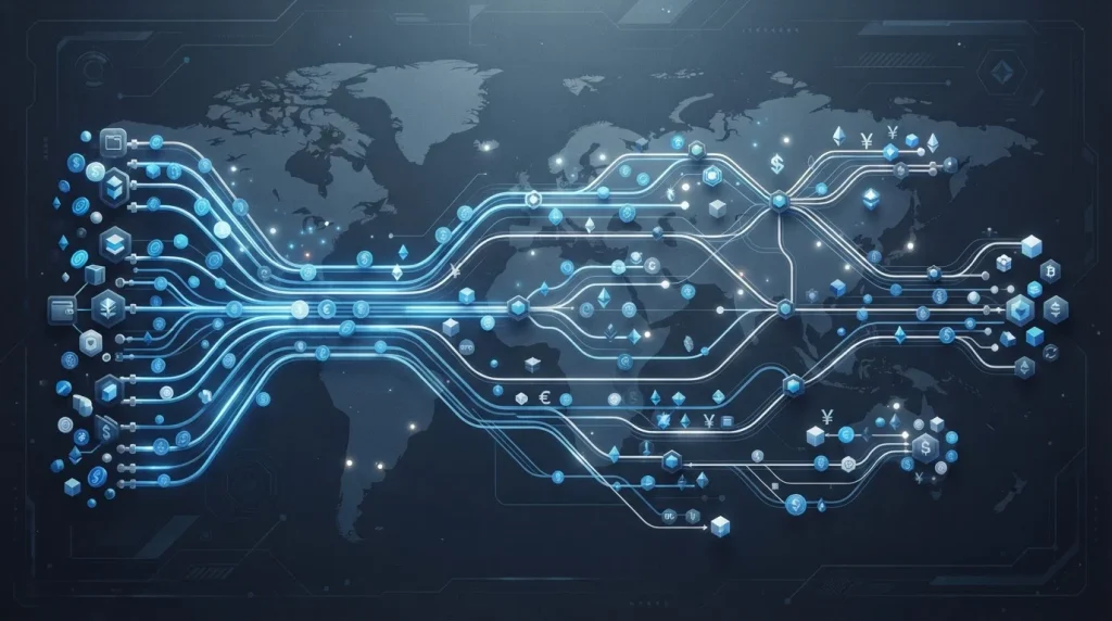 Illustration of crypto tokens moving across multiple blockchain network paths