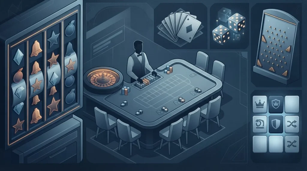Abstract casino game catalogue with slots, live tables and dice-inspired original games