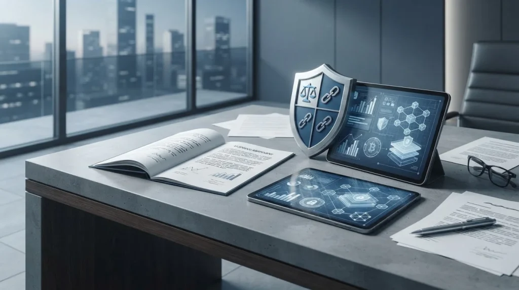 Illustration of licensing documents, a shield and blockchain symbols