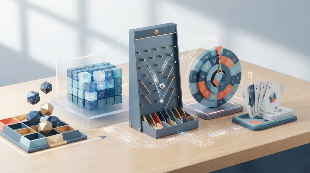 Abstract dice, grid, wheel and tower game elements arranged as a compact casino game set