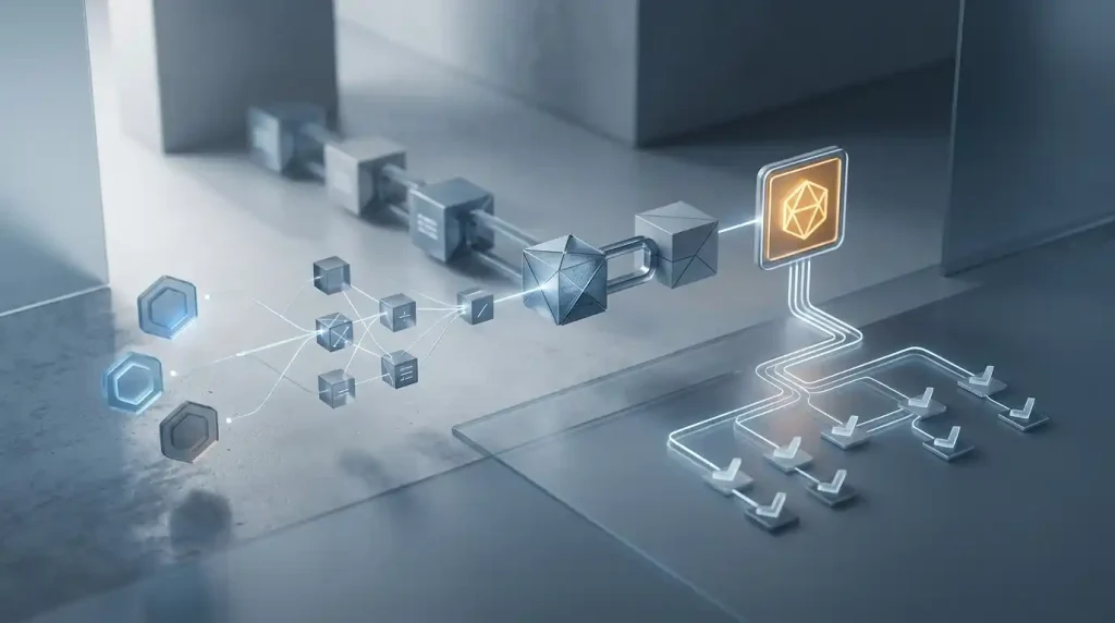 Abstract cryptographic hash blocks, seed tokens and a completed casino game result connected in a verification flow