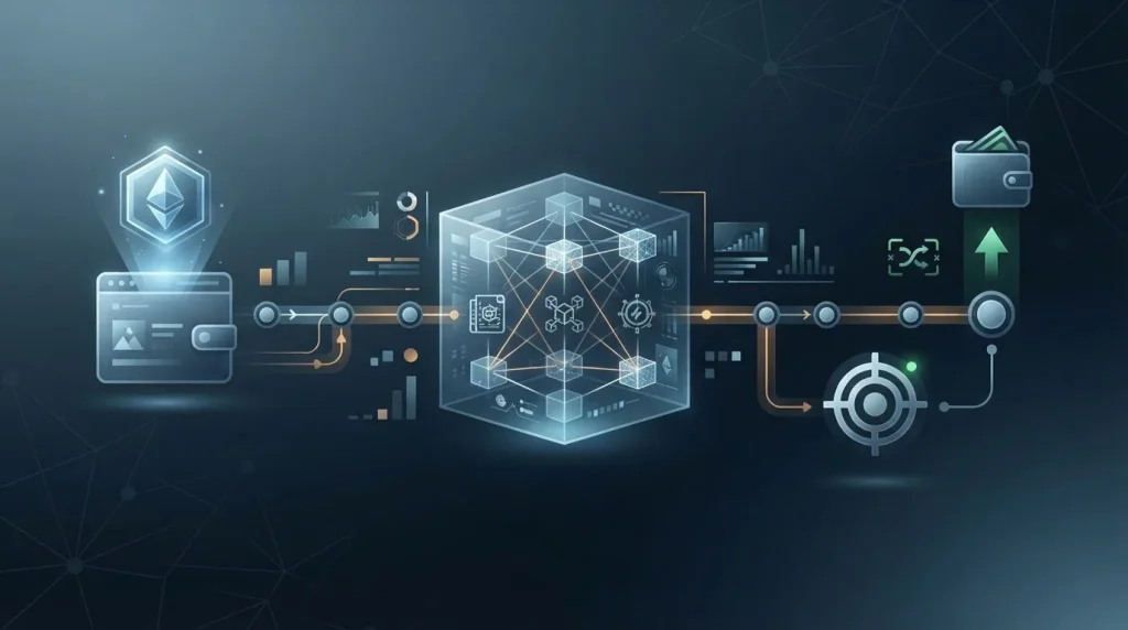 Crypto wallet transfer flow with network and confirmation checkpoints